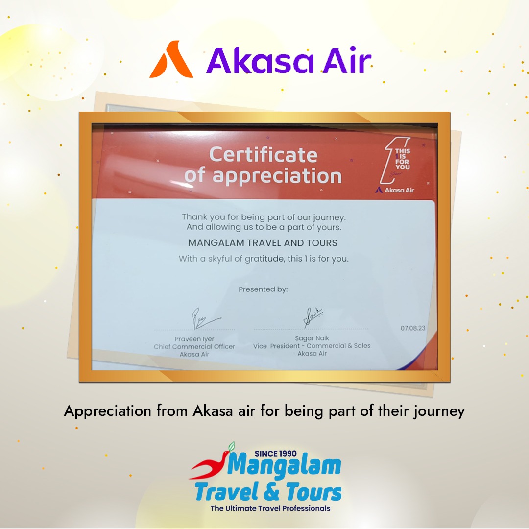 Certificate of Appreciation from Akasa Air of 2023